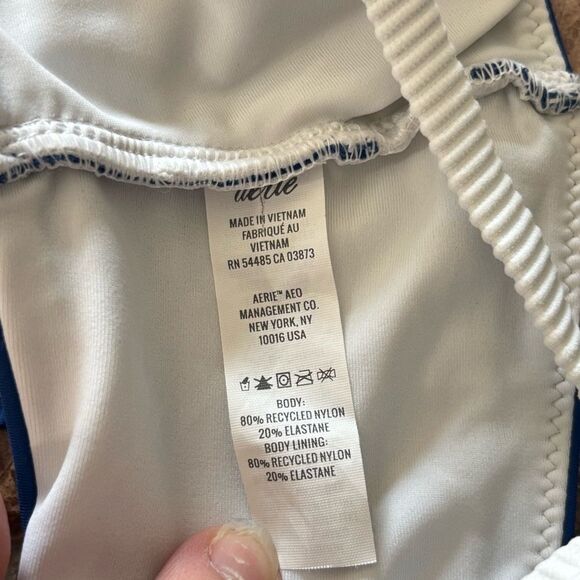 Aerie | Women’s Blue and White Bandeau Bikini Top White Ribbed Adjustable Straps - Picture 12 of 14